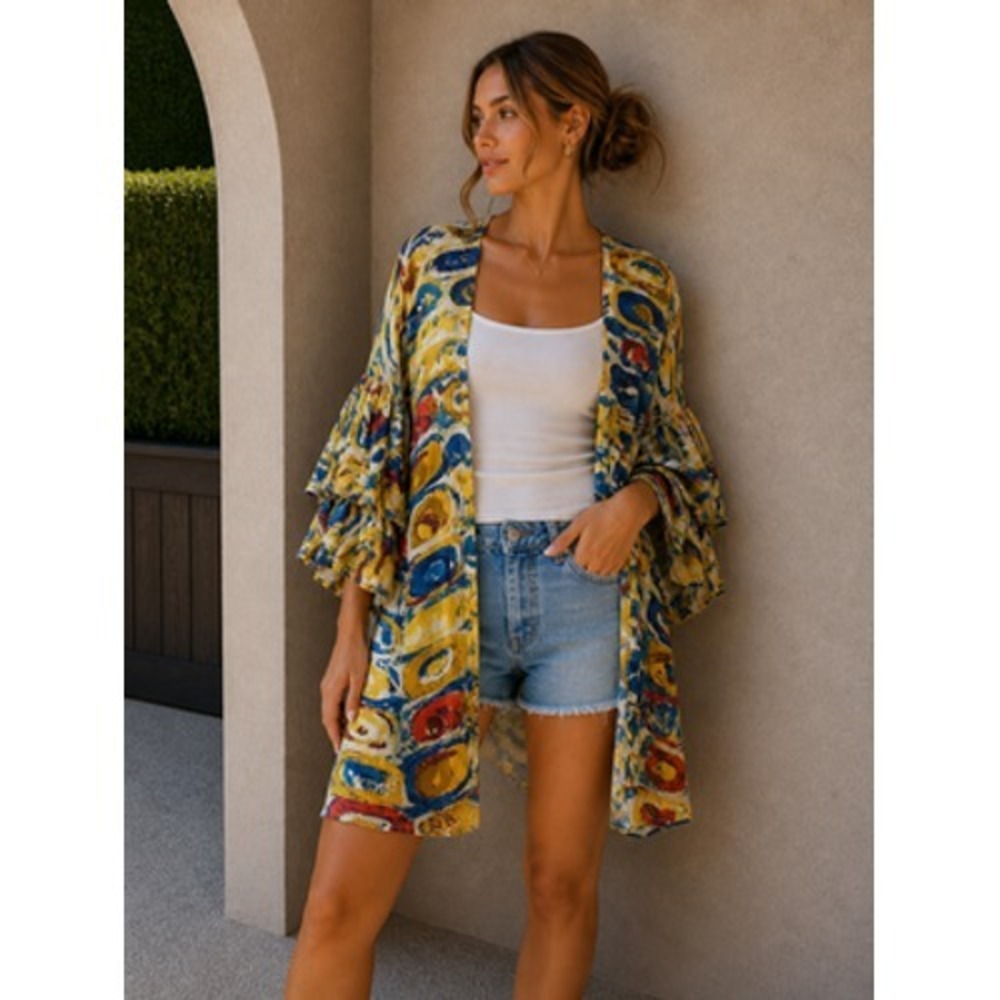 Shana Kimono Top Womens L/XL Wearable Art Ruffle Sleeve Resort Summer Cruise